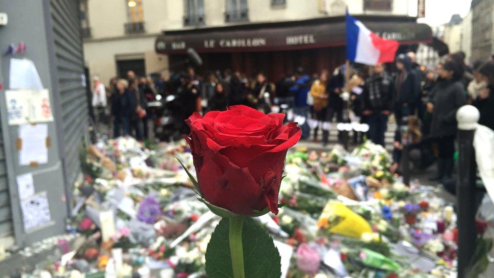 Flowers left outside Le Carillon bar in Paris. 17 Nov 2015