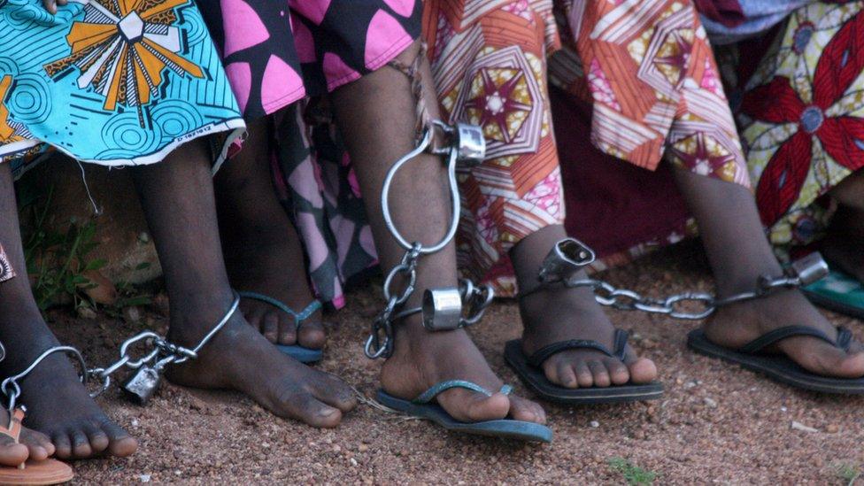 Shackles and padlocks seen on the ankles of some of the female captives rescued by police from a reformation centre in Kaduna, Nigeria -19 October 2019