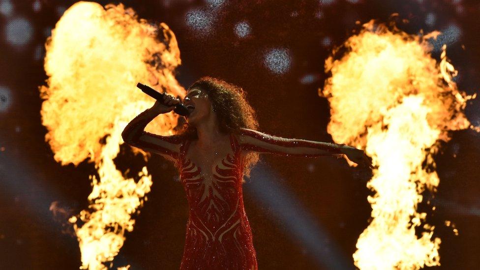 Georgia Tamara Gachechiladze performs during the first semi-final rehearsal of Eurovision Song Contest in Kiev on May 8, 2017