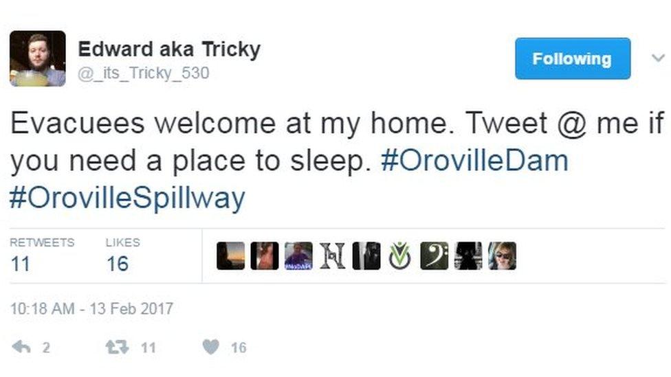 Evacuees welcome at my home. Tweet@ me if you need a place to sleep. #OrovilleDam #Oroville Spillway