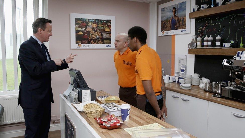 David Cameron chatting to prisoners inmates Richard and Michael (right) at HMP Onley near Rugby