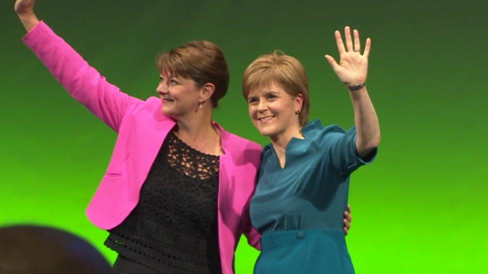 Leanne Wood and Nicola Sturgeon at the 2015 Plaid Cymru conference