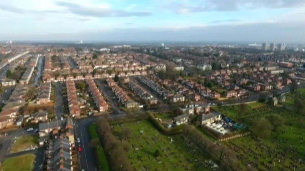 Aerial view of rows of houses