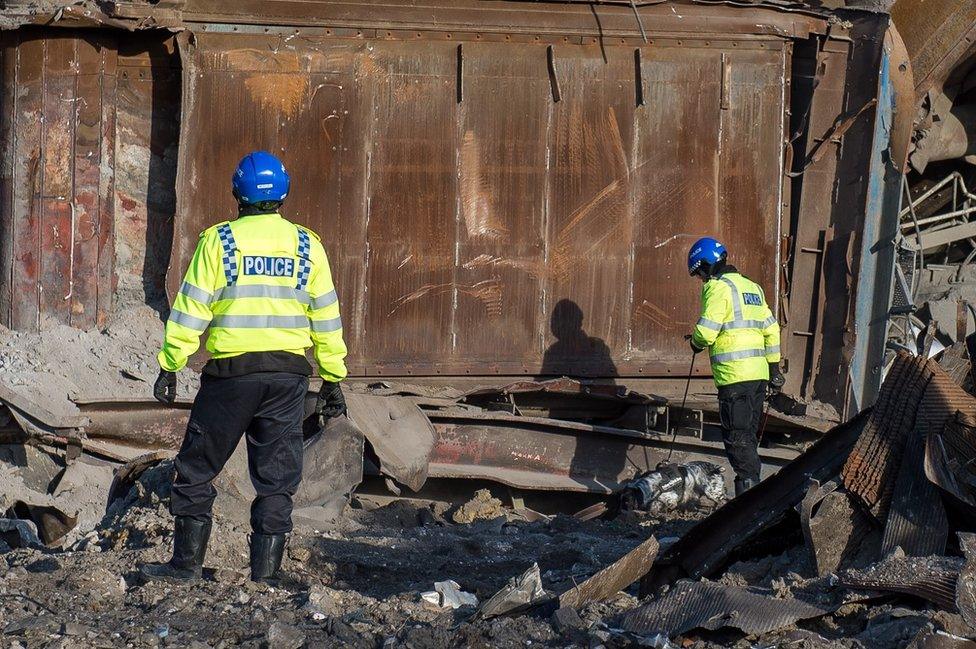 Police dogs search Didcot power station wreckage