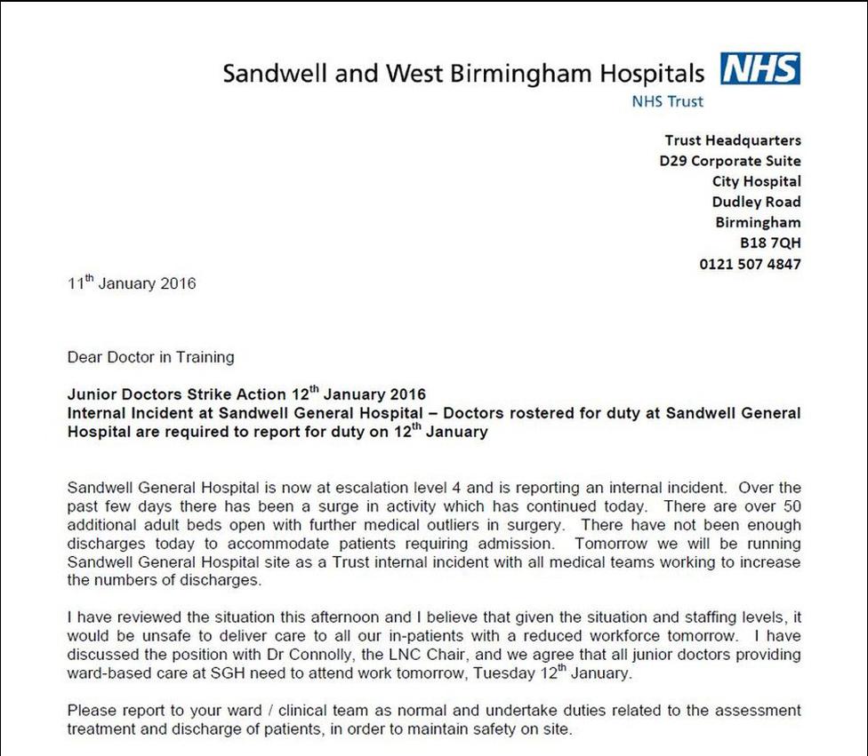 Letter sent to junior doctors