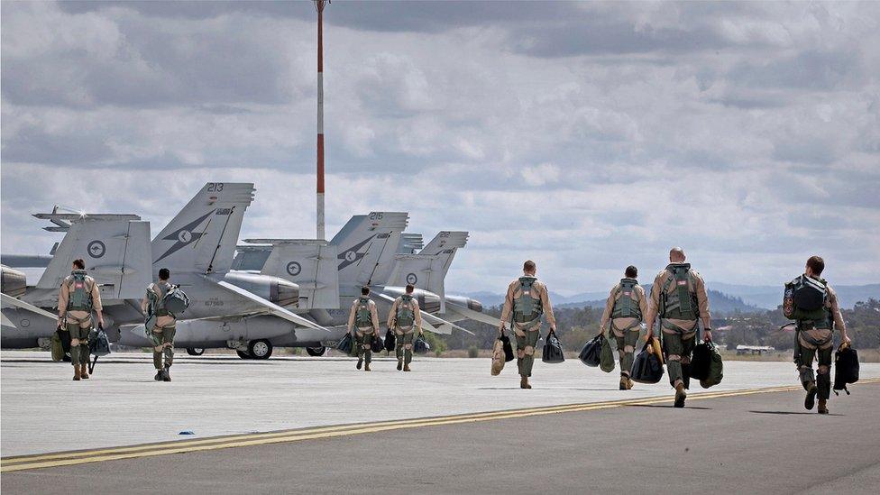 Royal Australian Air Force F/A-18F Super Hornets at an air base