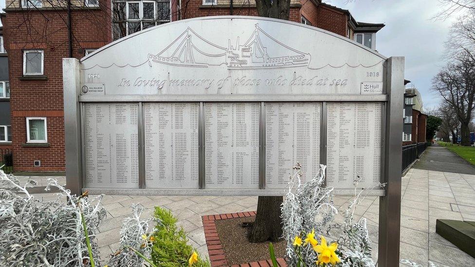 One of several boards in Hessle Road, Hull, displaying the names of those who died at sea