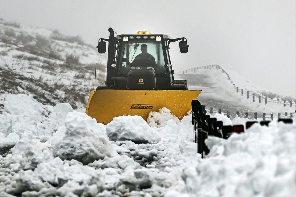 A vehicle clears snow in the Yorkshire Dales