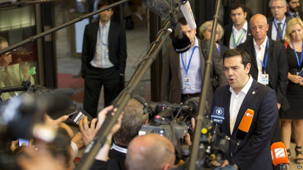 Greek Prime Minister Alexis Tsipras after an emergency summit of eurozone heads of state in Brussels on 7 July 2015