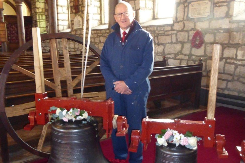 Ronald East with the bells at Bampton near Shap