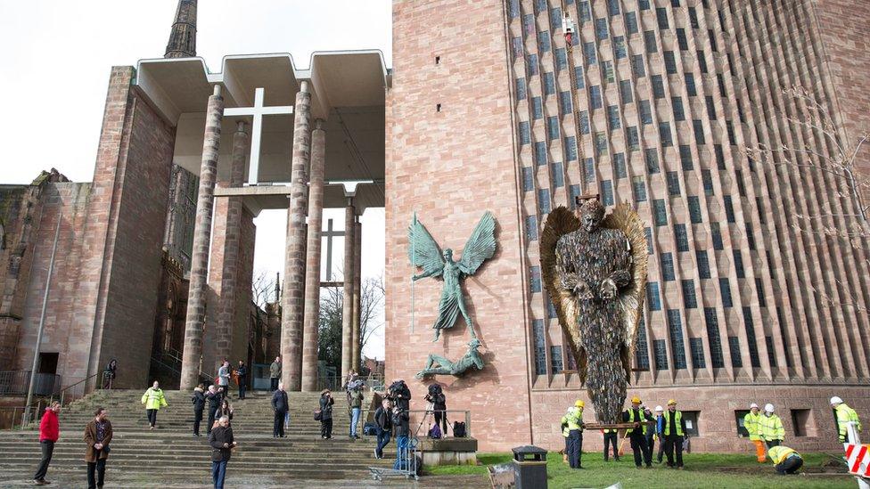 Knife Angel sculpture, made of 100,000 confiscated knives, is installed at Coventry Cathedral