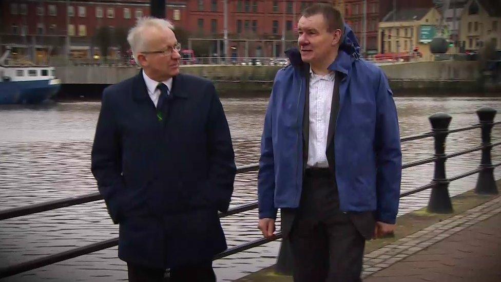 Political correspondent Gareth Gordon walking along the river lagan towpath with former civil servant Alan Mysall