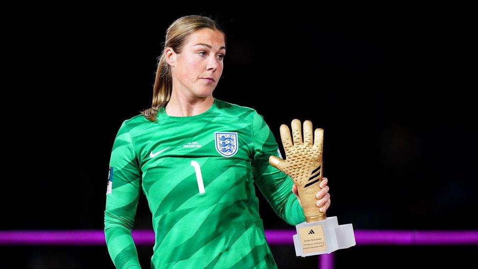 England goalkeeper Mary Earps collects her Golden Glove award at the end of the FIFA Women's World Cup final match at Stadium Australia, Sydney.