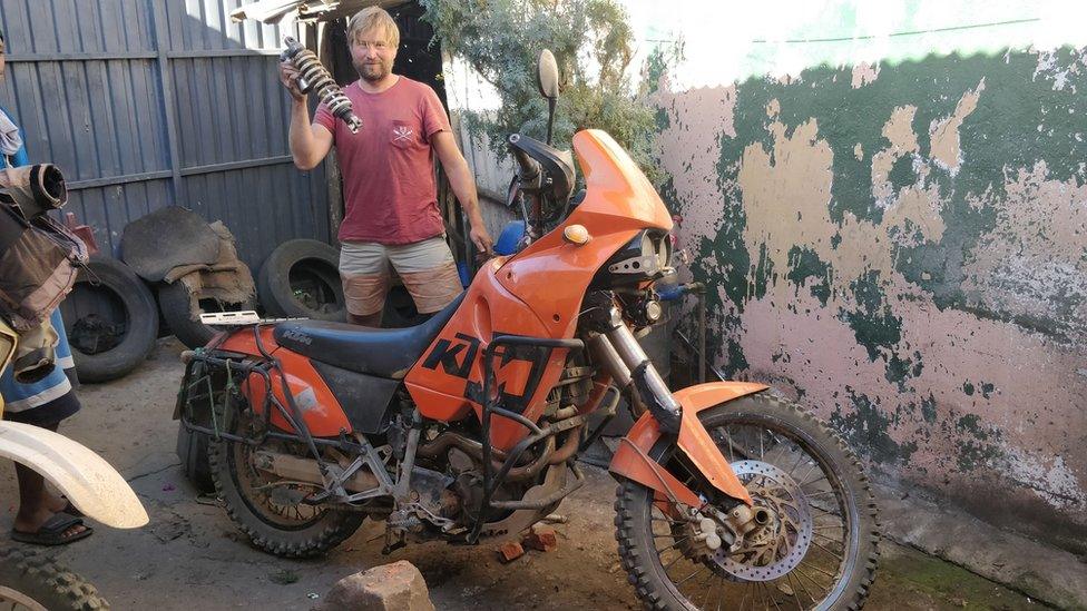 Kristo Kaarmann with his bike in Tanzania over Christmas last year