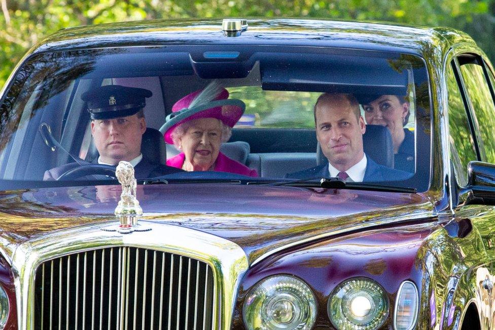 Queen and family arriving at Crathie Kirk