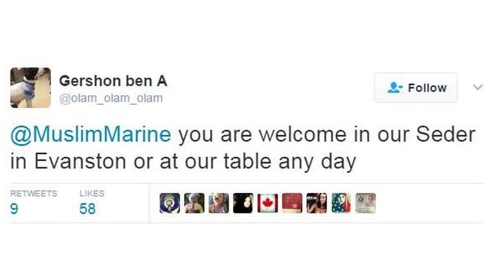 Tweets reads: @MuslimMarine you are welcome in our Seder in Evanston or at our table any day