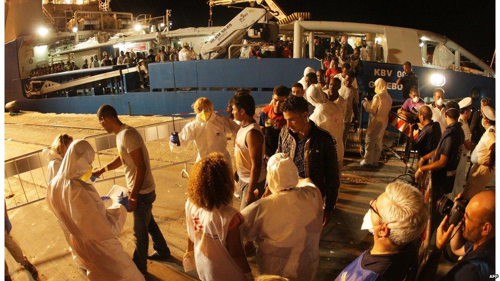 Migrants disembark in Palermo, Sicily, 27 August 2015