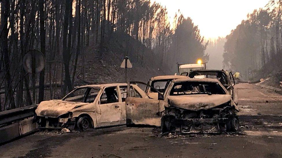 Burned cars are seen on a local road during a forest fire near Pedrogao Grande