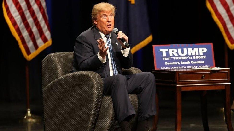 Republican presidential candidate Donald Trump speaks on stage during a campaign event on 16 February 2016 in Beaufort, South Carolina