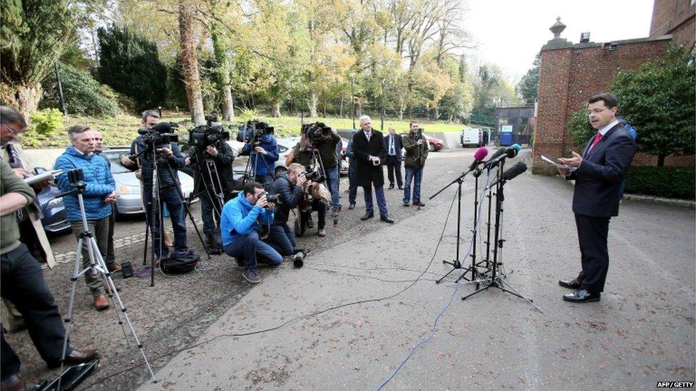 Northern Ireland Secretary James Brokenshire speaks to the media to give an update on the negotiations in Northern Ireland