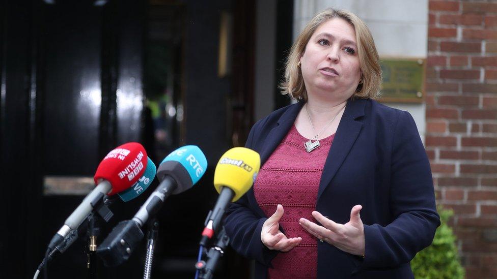 Karen Bradley speaking to the press outside Stormont House