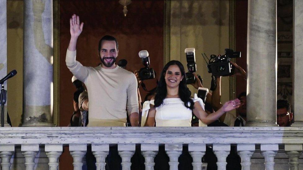 Nayib Bukele, El Salvador's president, left, speaks following the presidential election in San Salvador, El Salvador, on Sunday, 4 February 2024