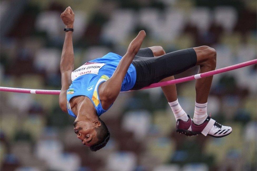 A handout photo made available by OIS/IOC shows Nishad Kumar of India competing in the Mens Athletics High Jump - T47 Final at the Olympic Stadium at the Tokyo 2020 Paralympic Games, Tokyo, Japan, 29 August 2021