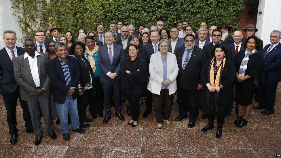 Australian PM Tony Abbott, Labor leader Bill Shorten and 40 Indigenous Australian leaders gather in Sydney to discuss the constitution, July, 2015