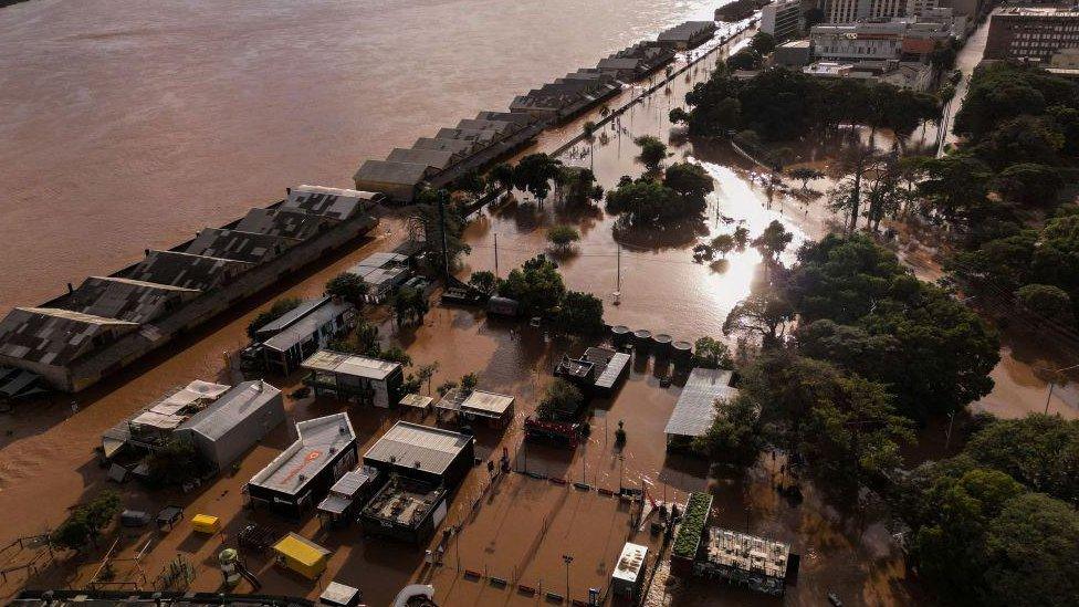 Aerial view of the port area of Porto Alegre flooded