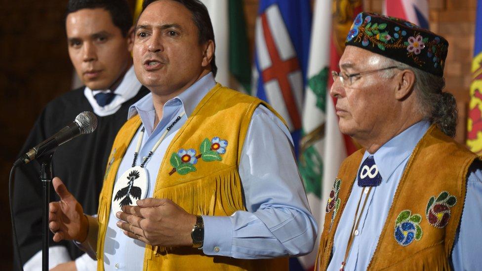 Aboriginal Leaders talk to media after the opening of the First Ministers Meeting in Vancouver on March 2, 2016. (L-R) are Natan Obed, President Inuit Tapiriit Kanatami, Assembly of First Nations, National Chief Perry Bellegarde, and Metis National Council President Clement Chartier.