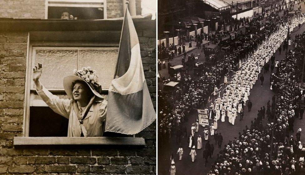 Christabel Pankhurst in 1909 (left) and the procession of the 'citizen P]pageant' in 1911