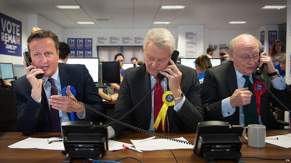 Lord Ashdown canvassing voters during the EU referendum, alongside David Cameron and Lord Kinnock