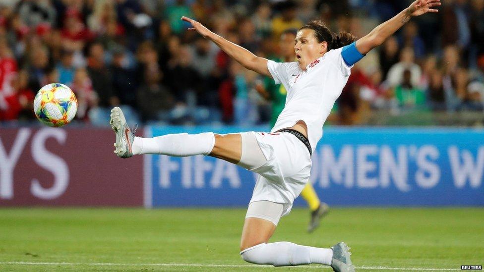 Christine Sinclair in action against Cameroon at 2019 Women's World Cup