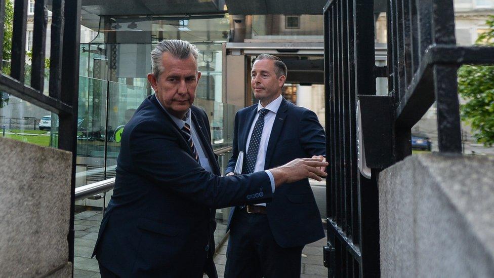 DUP Leader Edwin Poots (L) and Paul Givan leave Government Buildings in Dublin after meeting Taoiseach Micheal Martin