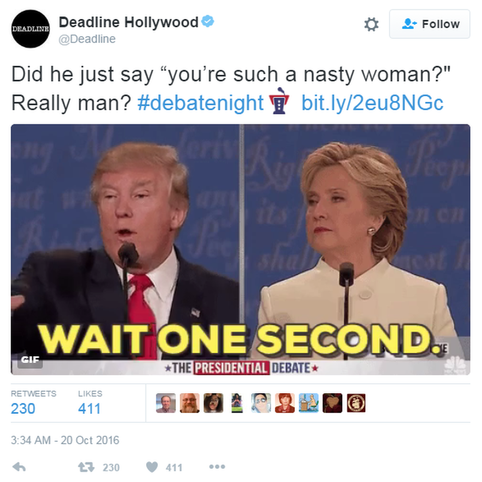 A tweet by Deadline Hollywood referencing Trump's "Nasty Woman" comment