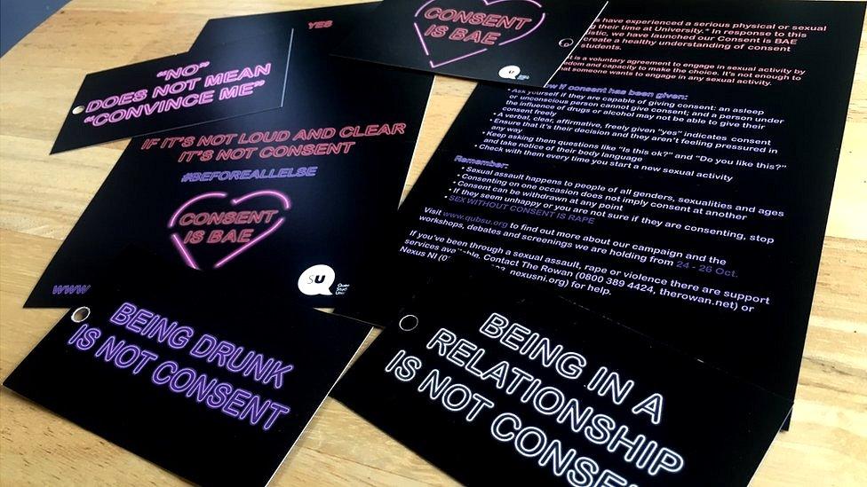 Leaflets and tags about sexual consent, Queen's University Belfast