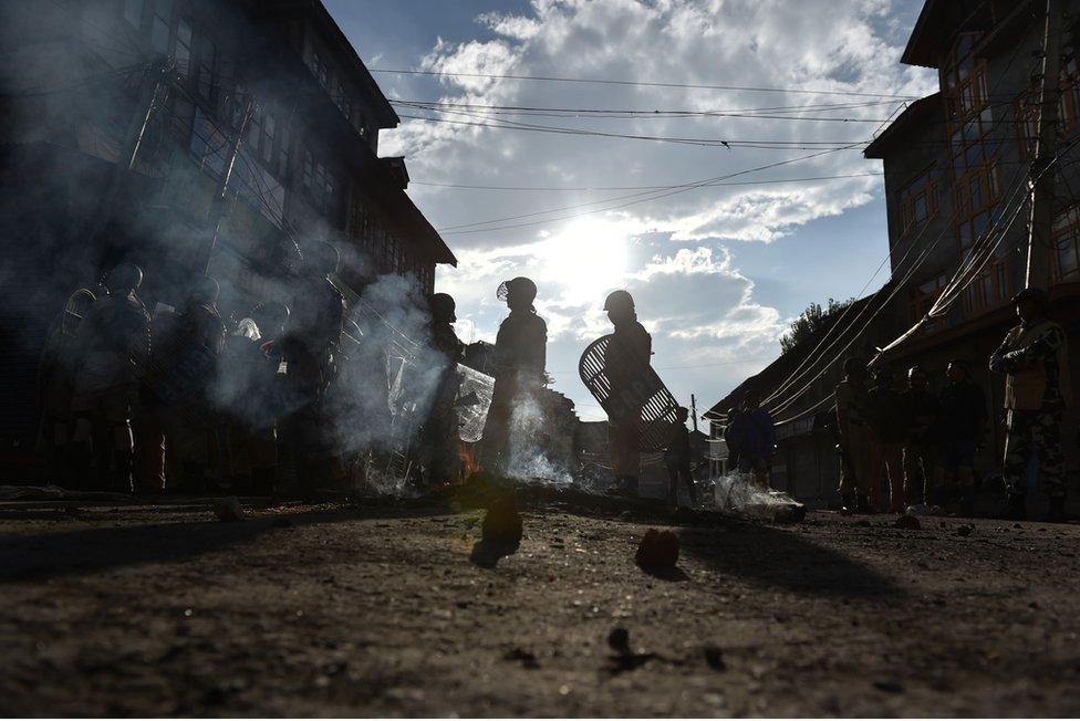 Indian security forces during a protest in Srinagar