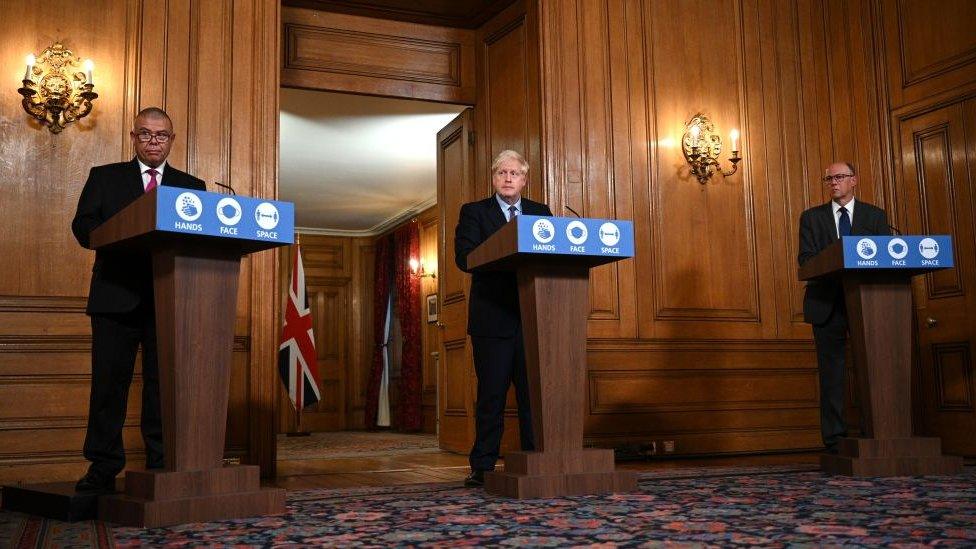 Prof Jonathan Van-Tam with Prime Minister Boris Johnson and National Medical Director at NHS England Prof Stephen Powis