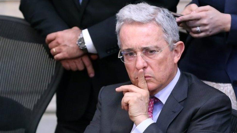 Former Colombian President and current senator Alvaro Uribe gestures during a plenary session of the Colombian Senate in Bogota, Colombia, 03 October 2016.