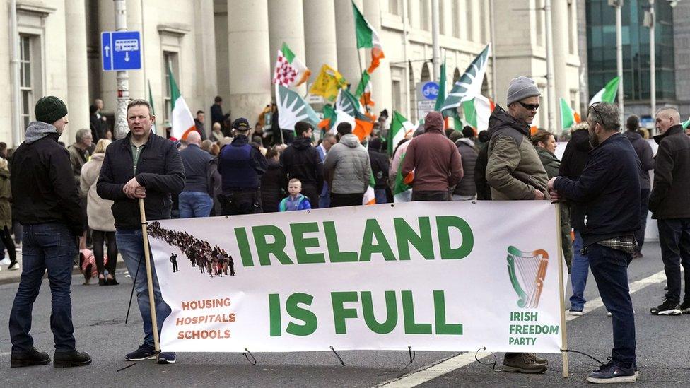 Protesters taking part in the Ireland Says No anti-refugee gathering outside The Custom House in Dublin on 05/02/24