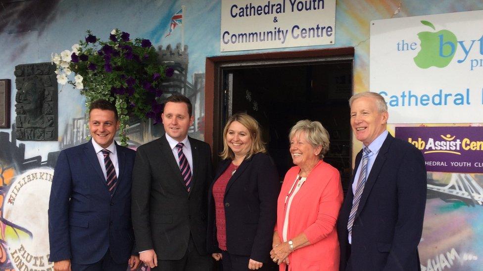 NI Secretary Karen Bradley visiting the Fountain estate in Londonderry, along with DUP MP Gregory Campbell (far right) and DUP MLA Gary Middleton (centre left)