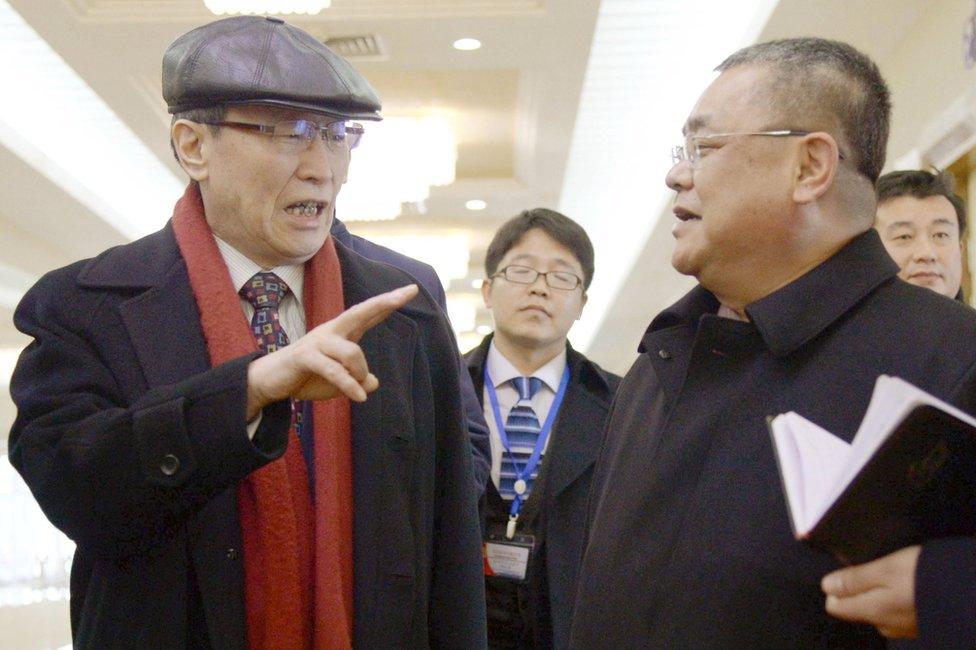 China's Special Representative for Korean Peninsula Affairs Wu Dawei (L) arrives at Pyongyang's international airport, in North Korea, in this photo released by Kyodo 2 February 2016.