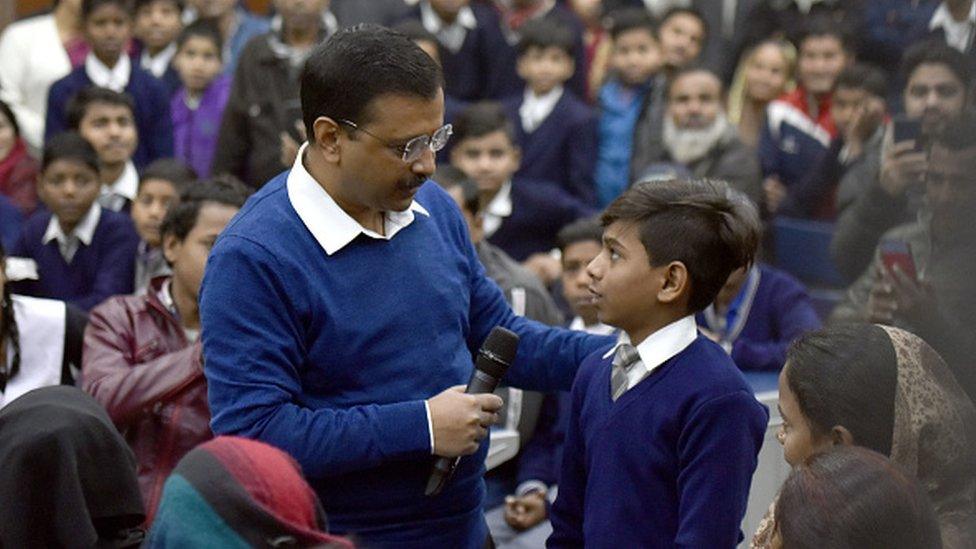 Delhi Chief Minister Arvind Kejriwal talks with students and parents during his visit to oversee a Mega Parent Teacher Meeting (PTM) to brief parents about their childrens progress and also to take their feedback, organised by the Delhi Government at all its schools, at Sarvodaya Bal Vidyalaya, Rouse Avenue, on January 4, 2020 in New Delhi, India