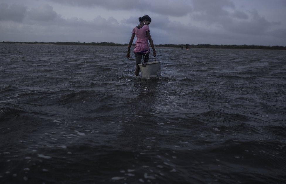 A girl wades into the water with a fishing bucket.