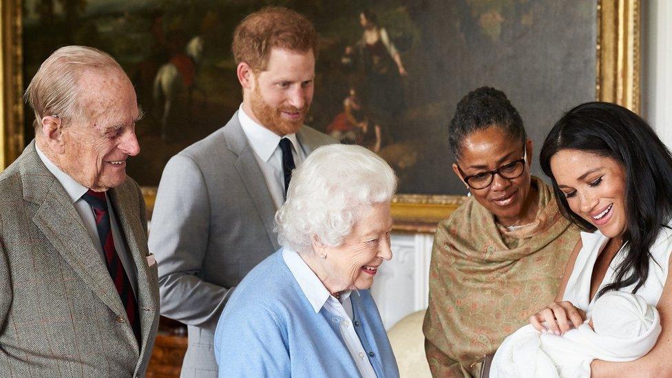 The Duke of Edinburgh, Prince Harry, the Queen, Doria Ragland, the Duchess of Sussex and baby Archie