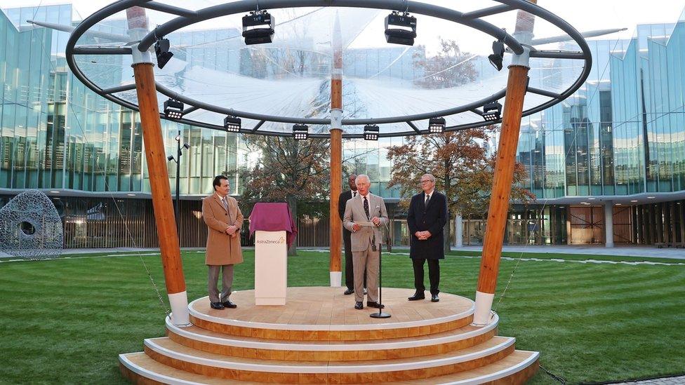 CEO AstraZeneca Pascal Soriot, the Prince of Wales, Business Secretary Kwasi Kwarteng and Chairman AstraZeneca Leif Johansson during a visit to AstraZenaca to officially open their new global Research and Development facility at the Cambridge Biomedical Campus