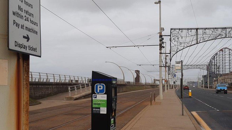 A parking meter on Blackpool Promenade near the Pleasure Beach