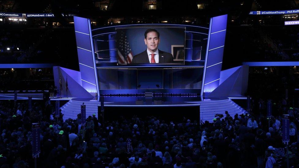 Marco Rubio speaks by video link during the third night of the Republican National Convention in Cleveland, Ohio, 20 July