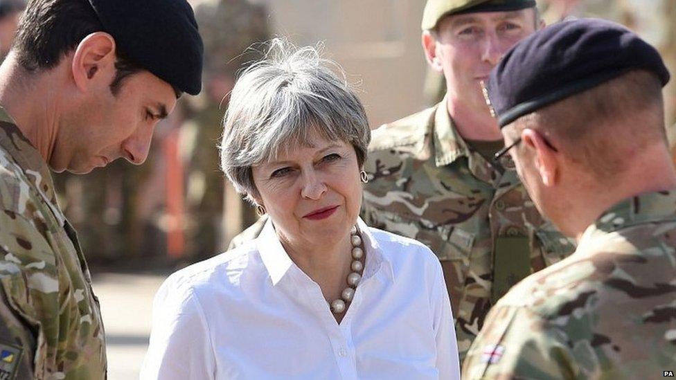 Theresa May meeting British troops training their Iraqi counterparts near Baghdad