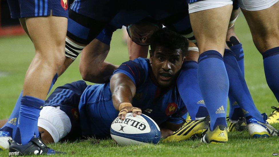 France's centre Wesley Fofana clears the ball out of a ruck during the Rugby Union test match between France and England